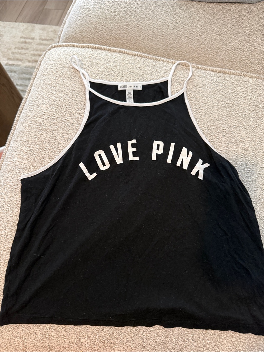 PINK Victoria's Secret Black Tank with White Trim and 'LOVE PINK' Logo cropped